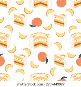 Seamless pattern with Uruguayan cake chaja in cartoon flat style. Hand drawn vector background with sponge cake and peaches, folk cuisine, Latin America sweet