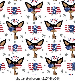 Seamless pattern for US holidays. Cute dog in sunglasses. Good for textile print, poster, card, cover, wrapping and wallpaper.