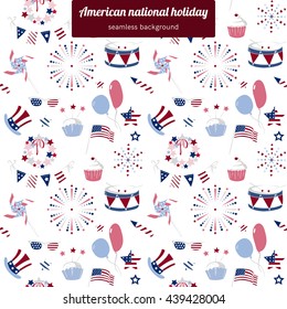 Seamless pattern for USA national holiday. Background with vector elements for America Independence Day, 4th of July. Fireworks, flag and BBQ. Blue and red.