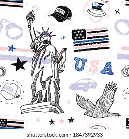 Seamless pattern with USA Police flag, eagle, handcuffs, Statue of Liberty, lettering, stars and police car for textiles. Vector military background for American holidays.