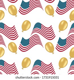 Seamless pattern USA waving flag and golden air balloon on white background. National United States holidays wallpaper, wrapping paper print. Patriotic US celebration decoration. Vector illustration
