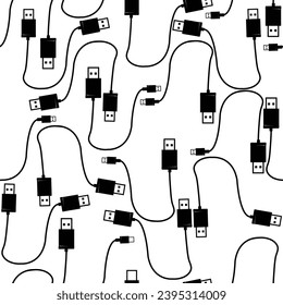 Seamless pattern with USB type A and type B and cable;  USB design with black and white; vector illustration
