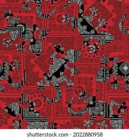 Seamless pattern using bandana material and lizard silhouette,