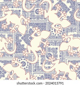 Seamless pattern using bandana material and lizard silhouette,