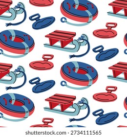 Padrão sem costura usando equipamentos coloridos ao ar livre de inverno, como trenós azuis vermelhos, tubos, trenós. Fundo sazonal brilhante para impressões em tecido, papel de embrulho ou para decorações de férias de inverno