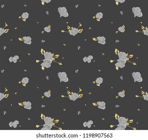 Seamless pattern using floral elements. Roses, leaves and branches in gold and shades of gray. For wallpaper, cards, wrapping paper, tiles and fabrics.