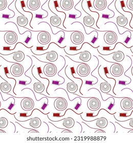 Seamless pattern using sewing thread. Coils, bobbins with threads in retro style on a white background. Colored threads are scattered on the surface. Suitable for background in sewing departments
