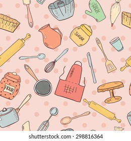 Seamless pattern with utensil for cooking and baking in retro colors
