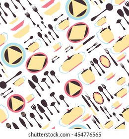 Seamless pattern utensil. Kitchen staff plates, cups, cutlery and tea set. Vector EPS10.