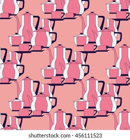 Seamless pattern utensil. Kitchen staff plates, cups, cutlery and tea set. Vector EPS10.
