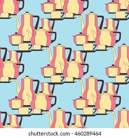 Seamless pattern utensil. Kitchen staff plates, cups, cutlery and tea set.