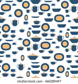 Seamless pattern utensil. Kitchen staff plates, cups, cutlery and tea set.