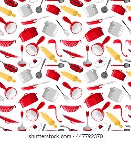 Seamless pattern with utensils in a cartoon style. Bright kitchen utensils. Set of red cookware isolated on white background. Vector illustration.  EPS 10