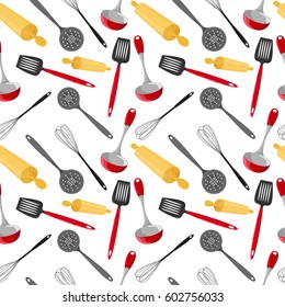 Seamless pattern with utensils in a cartoon style. Bright kitchen cookware.