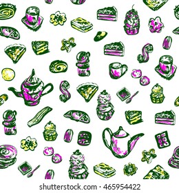 Seamless pattern with utensils for tea and sweet-stuff. teapot, cup, cookie, biscuit, pie, cake elements. Sketch style. Bright colors, green contour.