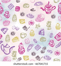 Seamless pattern with utensils for tea and sweet-stuff. teapot, cup, cookie, biscuit, pie, cake elements. Sketch style. Bright colors, colorful lines, watercolor spot background.