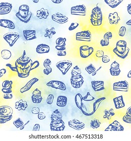 Seamless pattern with utensils for tea and sweet-stuff. teapot, cup, cookie, biscuit, pie, cake elements. Sketch style. Blue contour, watercolor spot background.