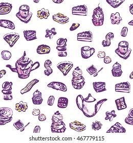 Seamless pattern with utensils for tea and sweet-stuff. teapot, cup, cookie, biscuit, pie, cake elements. Sketch style. Bright colors, violet contour.