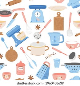 Seamless pattern of utensils and tools for home baking on white background. Perfect for greetings card, textile, fabric, wallpapers, banners, menu. Recipe book.