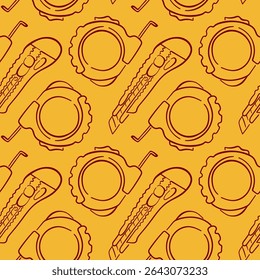Seamless pattern with utility knife and measuring tape in line art style on yellow background. Perfect for construction shop packaging, repair tool print and hardware site branding.