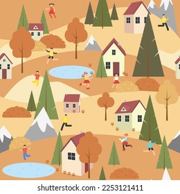 Seamless pattern vacation in the Countryside. Autumn season outdoor landscape yellow grass cozy houses, people and lakes. Children playing. Harvest and gardening. Vector illustration.