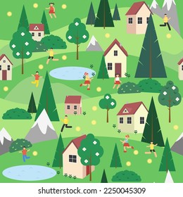 Seamless pattern vacation in the Countryside. Spring season outdoor landscape green grass cozy houses, people and blooming trees. Children playing. Flowers and gardening. Vector illustration.
