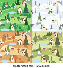 Seamless pattern vacation in the Countryside. Spring, summer, autumn, winter season outdoor landscape trees, hills, cozy houses, people and lakes. Children playing.  Vector illustration.