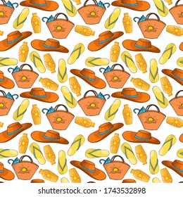 seamless pattern, vacation at sea, women's hat, flip-flops, sunscreen, bag, wallpaper and fabric, scrapbooking paper