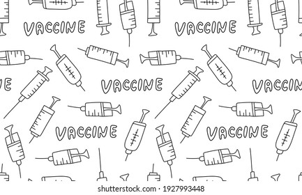 Seamless pattern with vaccination syringes. Vector hand drawn illustration in doodle style. Medical first aid kit