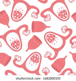 Seamless pattern with vagina, menstrual cup and hearts. Feminine period hygiene product. Period, menstruation concepts. Uterus with ovaries in the shape of hearts. Flat. Vector stock illustration.