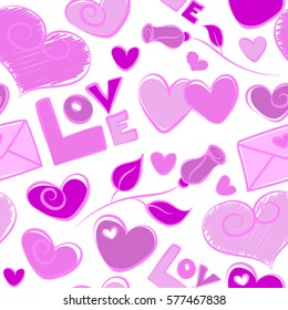Seamless pattern Valentine background with hearts and love happy holiday in violet and pink colors. Vector hand drawing love motive on a white backdrop. Abstract vector illustration.
