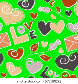 Seamless pattern Valentine background with hearts and love happy holiday. Vector hand drawing love motive on a green backdrop. Abstract vector illustration.