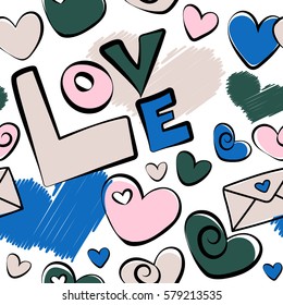 Seamless pattern Valentine background with hearts and love happy holiday in blue and green colors. Vector hand drawing love motive on a white backdrop. Abstract vector illustration.