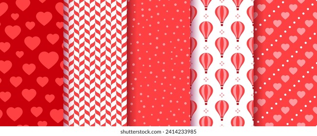 Seamless pattern. Valentine background. Prints with candy hearts, dots, hot air balloon, herringbone. Set red love texture. Romantic wrapping paper. Vector illustration. Retro Valentine's day backdrop