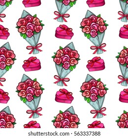 Seamless pattern of Valentine with bouquet and a gift box icons. Colorful sketch style for Valentine's Day greeting card and decoration. Vector.