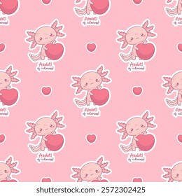 Seamless pattern valentine with cute enamored Axolotl with heart on pink background. Funny Little cartoon kawaii character sticker. Vector illustration. Romantic backdrop