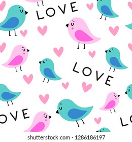 Seamless pattern for Valentine Day with birds and hearts on white background. Endless texture for wrapping paper, textile, fabric.