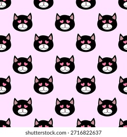 Patrón sin fisuras. Día de San Valentín Blanco y negro Cabeza de gato con ojos en forma de corazón. Ilustración plana de Vector.