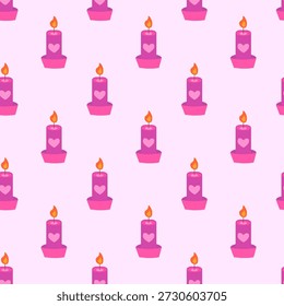 Seamless pattern with Valentine Day Candle with Heart on pink background. Vector flat illustration.