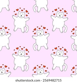 Seamless Pattern with Valentine day Cat character and hearts. Vector flat illustration.