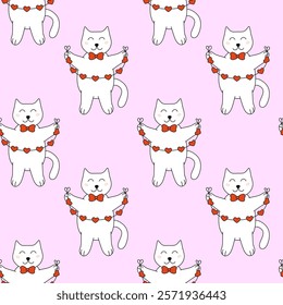 Seamless Pattern with Valentine day Cat character with garland. Vector flat illustration.