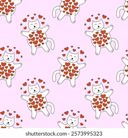 Seamless Pattern with Valentine day Cat character and hearts. Vector flat illustration.