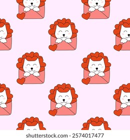 Seamless Pattern with Valentine day Cat sit in envelope. Vector flat illustration.