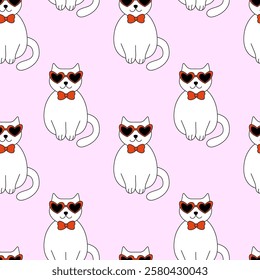 Seamless Pattern. Valentine day Cat with sunglasses and tie bow. Vector flat illustration.