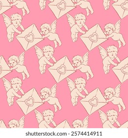 Seamless pattern Valentine Day cherub doodle set, vector hand drawn love collection, cute cupid . Vector romantic coquettish scribble, ribbon bow arrow baby angel. Whimsical Valentine doodle