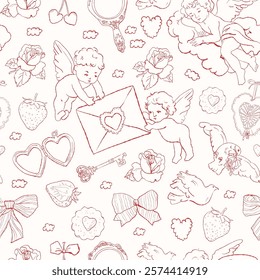 Seamless pattern Valentine Day cherub doodle set, vector hand drawn love collection, cute cupid . Vector romantic coquettish scribble, ribbon bow arrow baby angel. Whimsical Valentine doodle