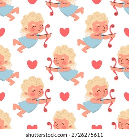 Conjunto de doodle de querubín de San Valentín sin patrón, colección de amor dibujada a mano de Vector, cupido lindo . Vector garabato coqueto romántico, cinta arco flecha bebé ángel. Dibujos animados de San Valentín doodle