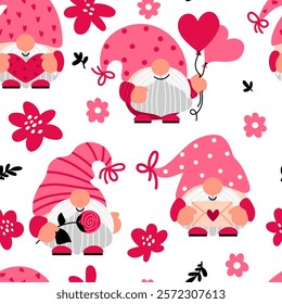 Seamless pattern with Valentine Day cute gnomes and flowers on a white background. Funny dwarfs cartoon characters. Vector illustration.