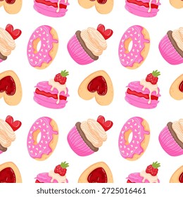 Patrón sin fisuras con postre de San Valentín, donut, cupcake, macaron y galleta en forma de corazón. Perfecto para el regalo que envuelve, tarjeta, textil y diseño romántico sobre fondo blanco