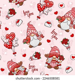 Seamless Pattern With Valentine Day Gnome, Cute Cartoon Illustration